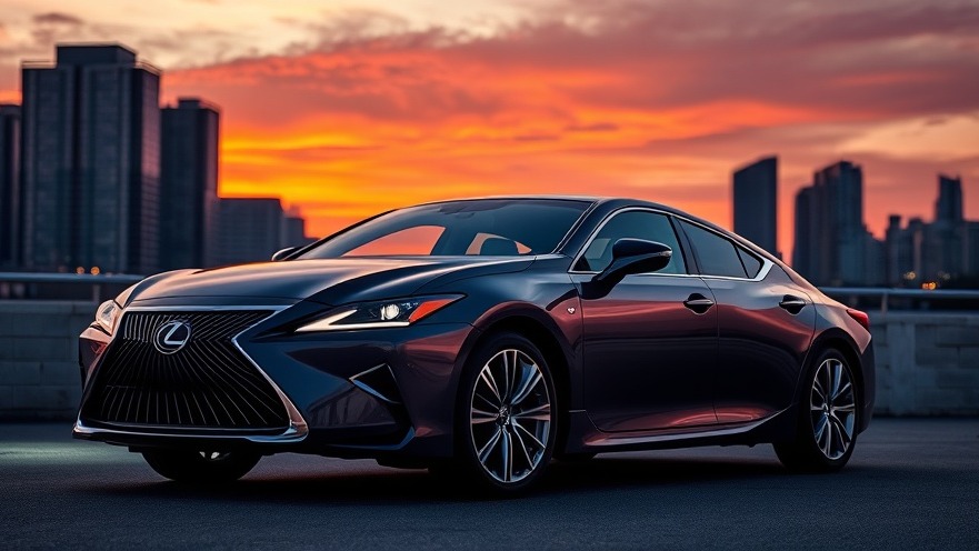 2026 Lexus ES showcases luxury hybrid features against a stunning sunset cityscape.