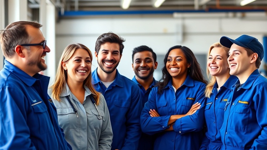 Diverse mechanics in a bright garage showcase a positive work environment.