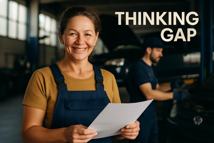 Confident auto shop owner reviews paperwork, enhancing auto repair efficiency.