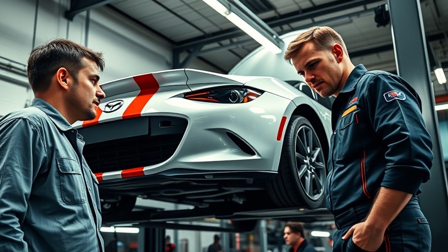 Mechanics examining mint Mazda Miata in workshop.