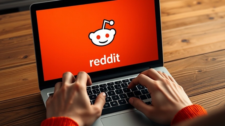Hands typing on a laptop with a Reddit logo, showcasing auto repair marketing and brand reputation management.