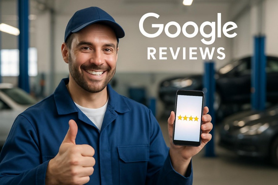 Smiling mechanic giving thumbs up with glowing five-star rating, highlighting auto repair shop reviews.