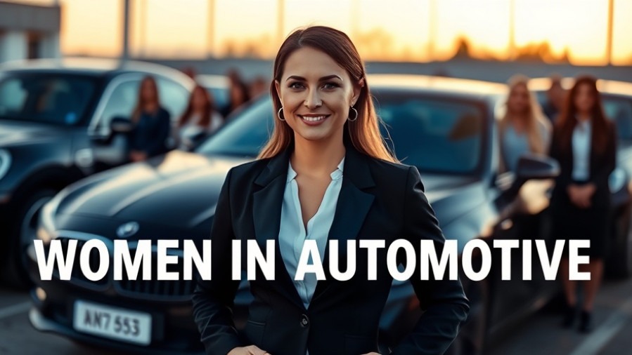 Confident woman showcasing female leadership in automotive, with a diverse team behind her.