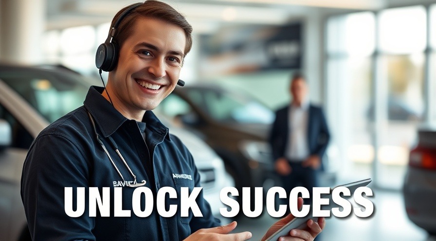 Confident automotive service advisor assisting a customer with technical knowledge.