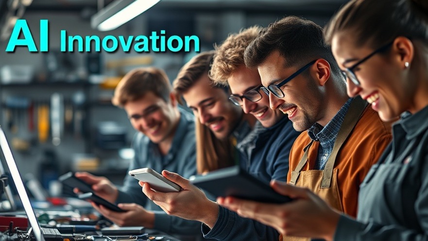 Diverse repair shop technicians using AI devices, enhancing automotive communication.