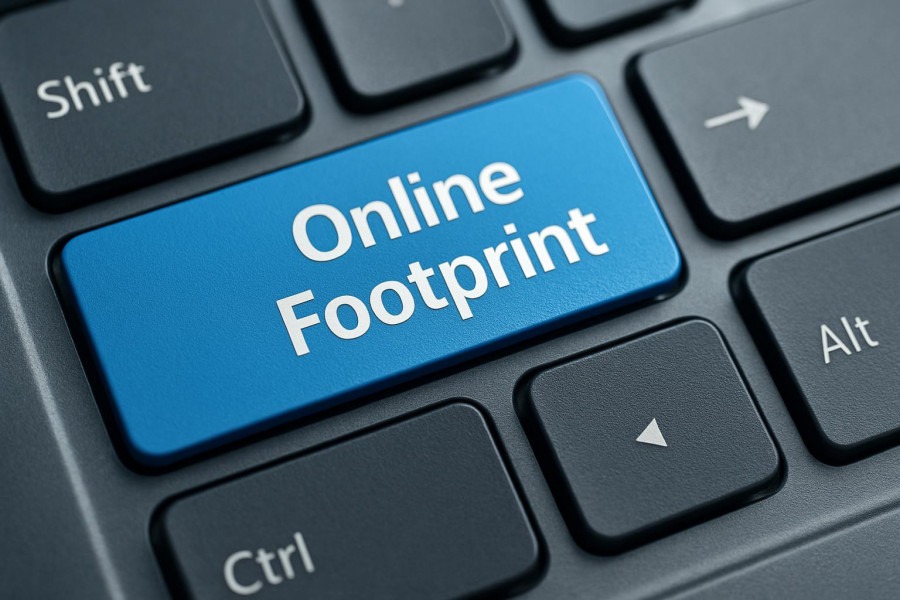 Close-up of keyboard with 'Online Footprint' key, emphasizing digital footprint management.