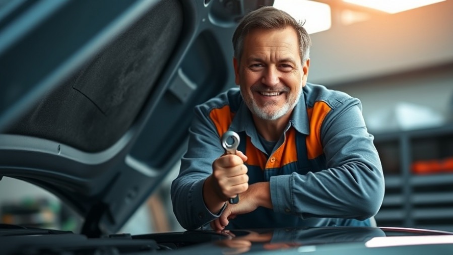 Cheerful mechanic holding a wrench, sharing essential car maintenance tips.