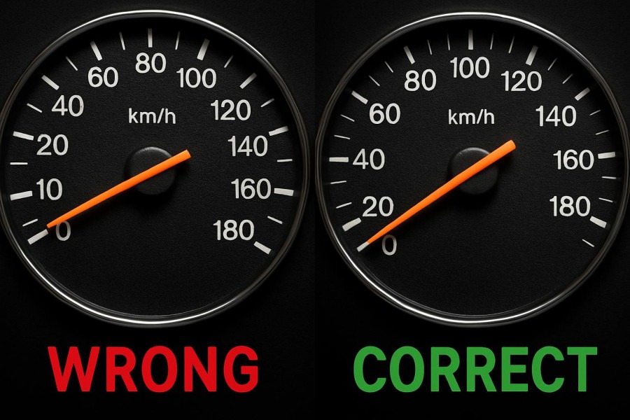 Speedometer comparison highlighting common car mistakes in engine maintenance.