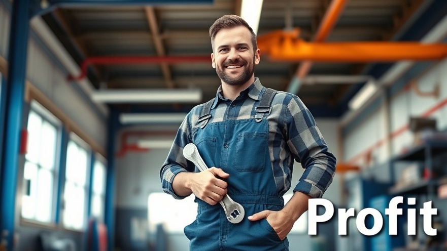 Auto shop owner showcasing customer retention strategies, smiling with a wrench.