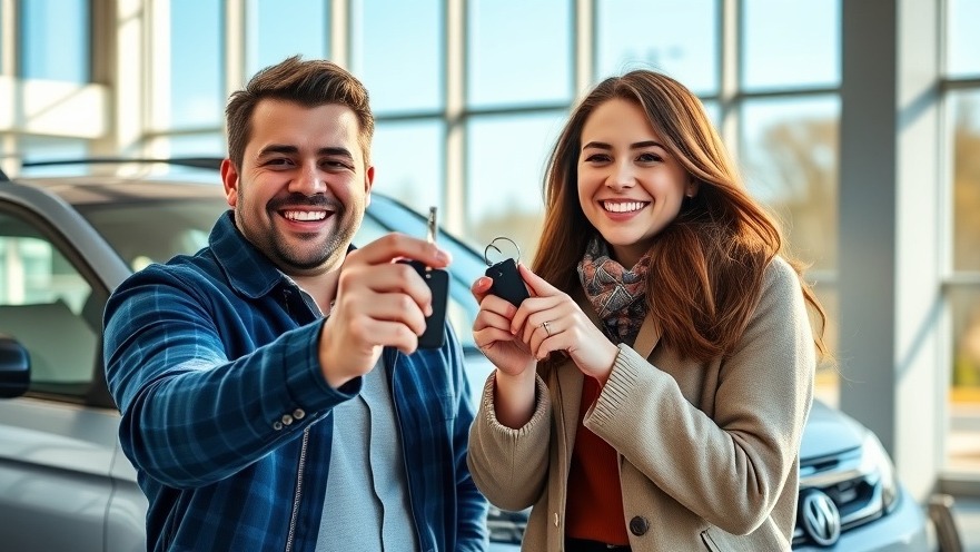 Excited couple celebrating electric vehicles discounts with new car keys in hand.
