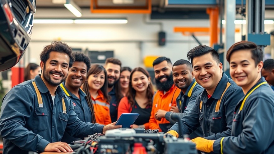 Smiling auto repair technicians enhance local SEO with Google My Business strategies.