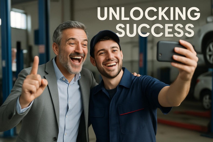 Auto repair content creation: Enthusiastic shop owner and mechanic taking a selfie.