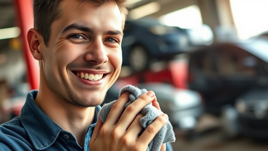 Confident mechanic smiling in repair shop, reflecting gasoline market dynamics.