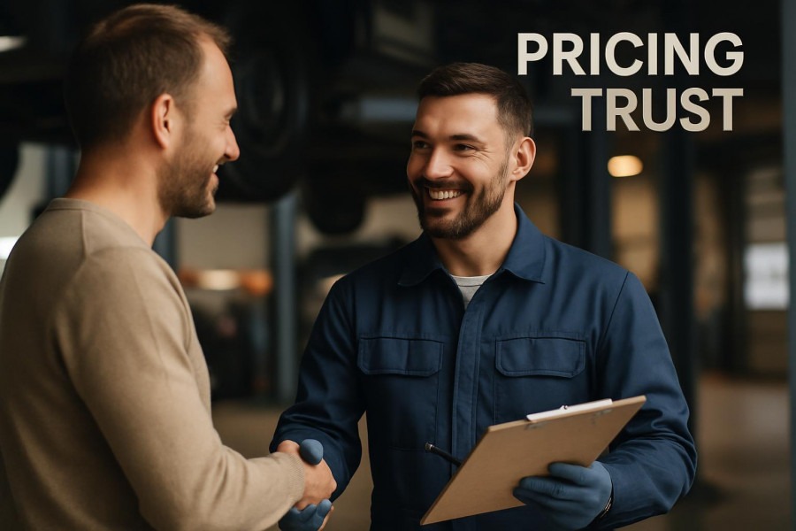 Transparent pricing builds customer trust: a confident mechanic chats with a happy client.