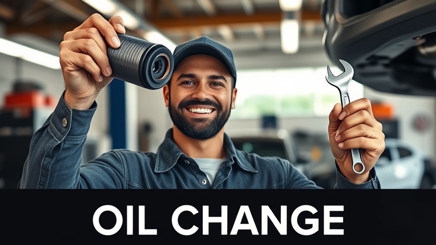 Confident mechanic showcasing engine reliability with oil filter and wrench.