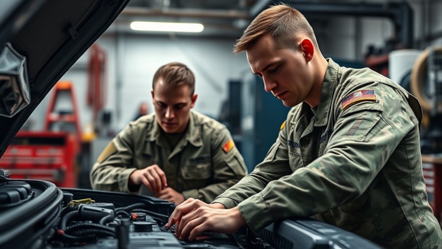 Veteran automotive training: military personnel skillfully working on a car engine.