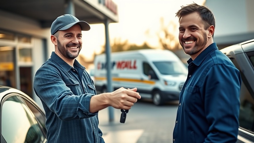 A confident auto repair worker hands car keys to a smiling customer, showcasing delivery efficiency.