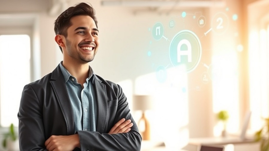 Smiling small business owner showcasing AI tools for shops in a bright workspace.