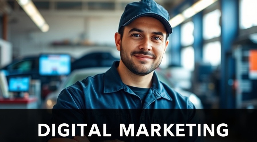 Confident auto shop owner amidst digital marketing elements, showcasing local SEO strategies.