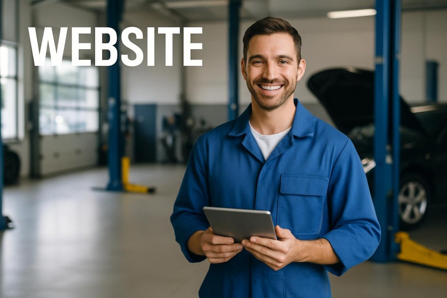 Confident mechanic in blue coveralls holding a tablet to improve customer experience.