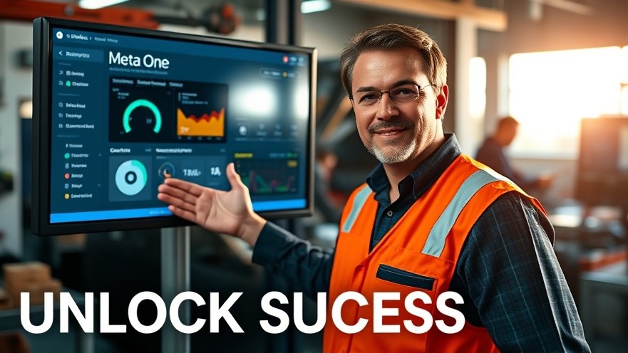 Confident auto shop manager showcases Meta One dashboard in a vibrant workshop.