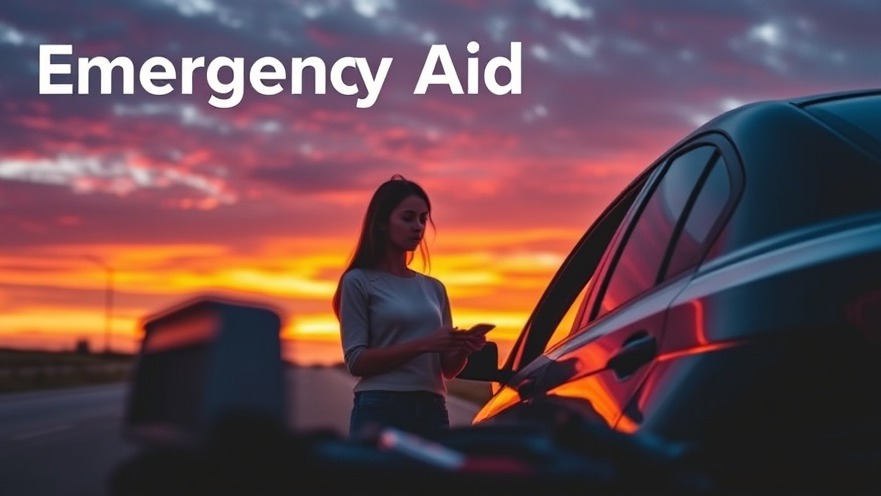 Worried driver seeks Emergency Aid by a broken-down car at sunset.