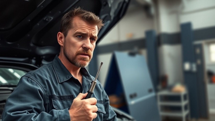 Concerned mechanic checks engine oil level near an open hood, emphasizing maintenance habits.