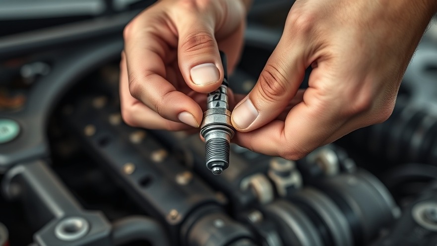 Close-up of car repair errors with spark plug held incorrectly in engine bay.