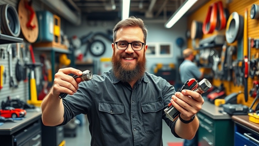 Bearded man showcasing DIY car tools in a vibrant, detailed garage workshop.