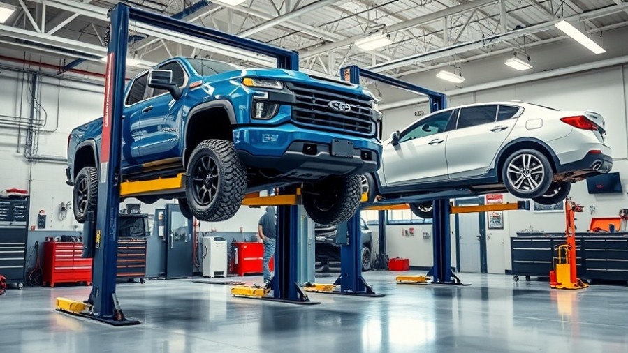 Auto repair shop with blue pickup and white sedan on hydraulic lifts, showcasing vehicle service capacity.
