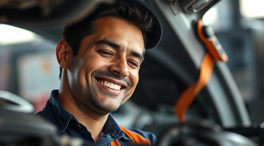 Smiling auto technician engaged in the unique sound branding of customer experience.