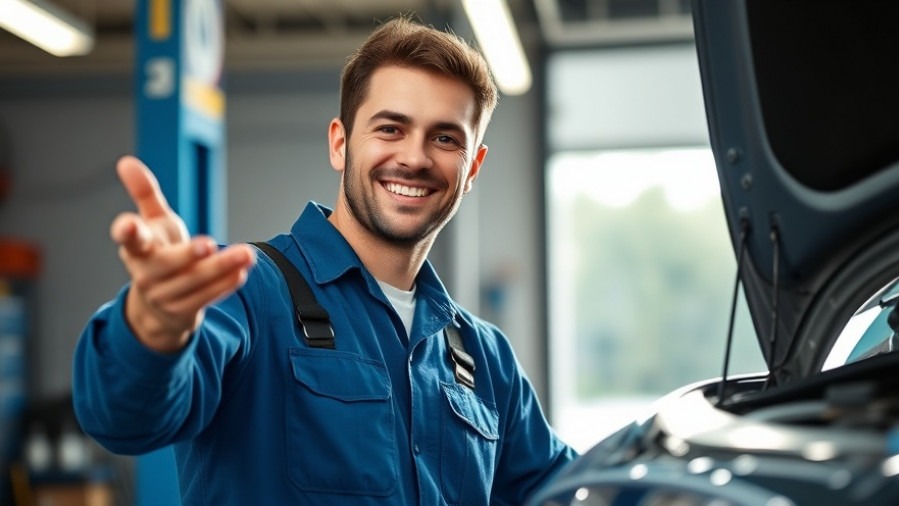 Confident auto repair technician welcoming customers in bright service bay.