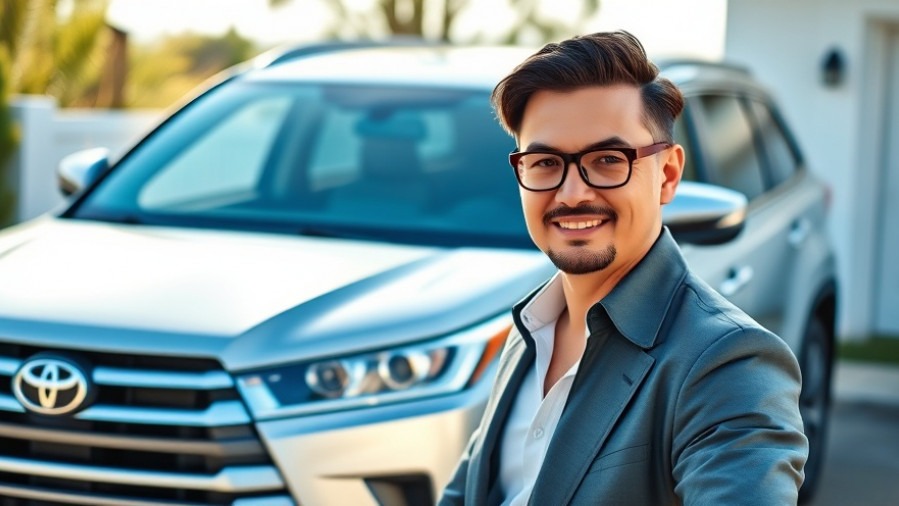 Confident driver beside a shiny Toyota Highlander, showcasing SUV reliability in natural light.