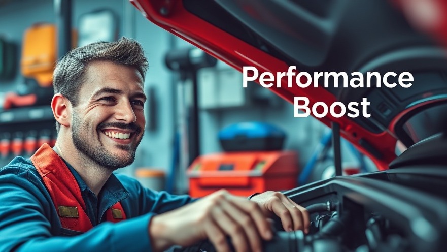 Confident mechanic enhancing car engine performance in a vibrant workspace.