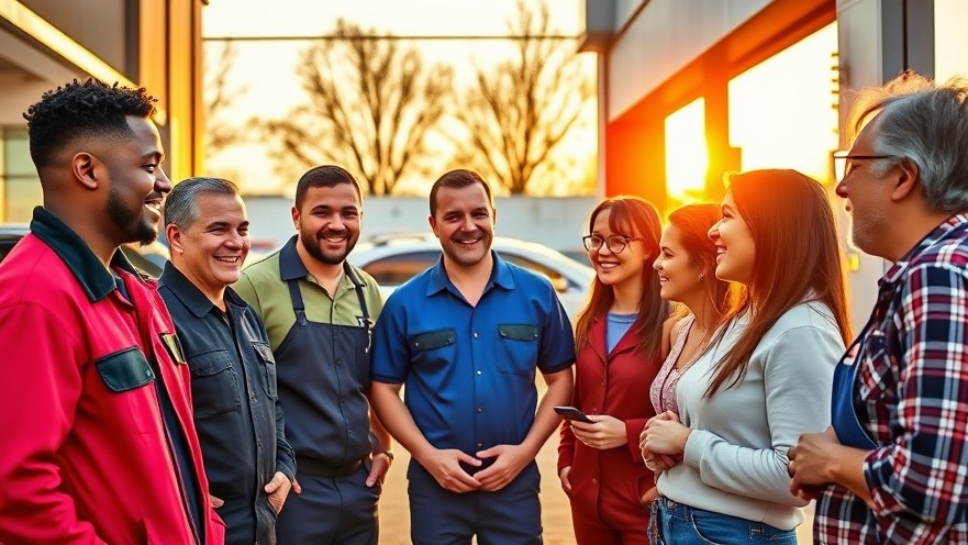 Mechanics and happy customers at an auto shop, highlighting local business initiatives.