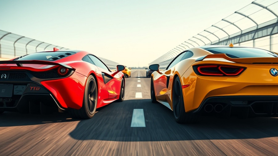 High-performance sports cars race with horsepower comparison.