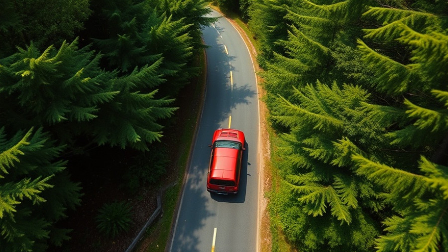 Aerial view of a red vehicle in forest illustrating Global Emission Standards.