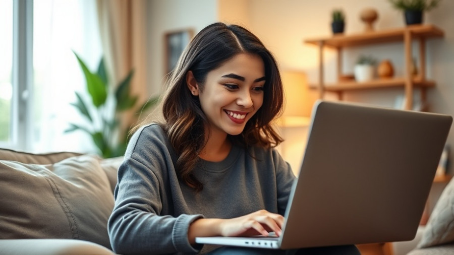 Smiling woman working on laptop, soft lighting.