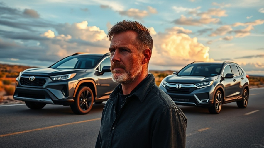2026 RAV4 vs. CR-V comparison with thoughtful man, modern SUVs.
