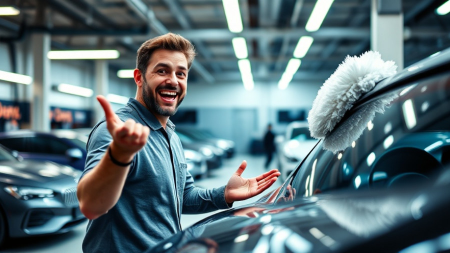 Man demonstrating winter car mat cleaning in a modern garage.