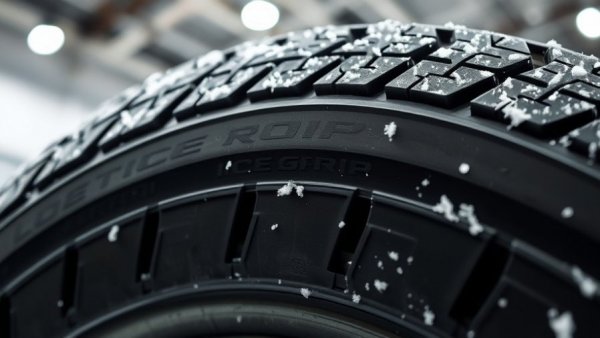 Ice grip symbol on winter tire in bright lighting.