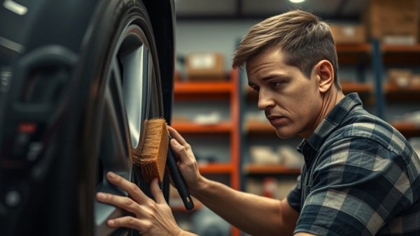 Person removing stubborn brake dust from wheels in garage.