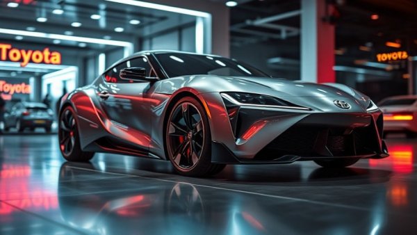 Futuristic Toyota hybrid car, dramatic showcase in neon-lit showroom, highlighting Toyota investment in hybrid vehicle production.