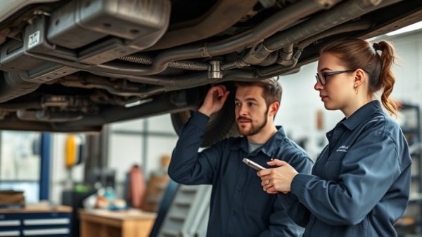 Mechanics discussing work under car lift in repair shop