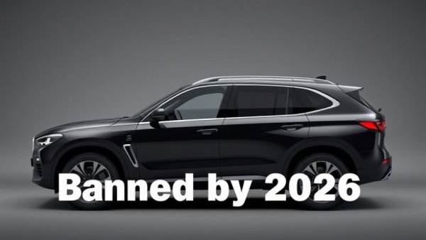 Sleek black SUV marked as banned by 2026 with bold text.
