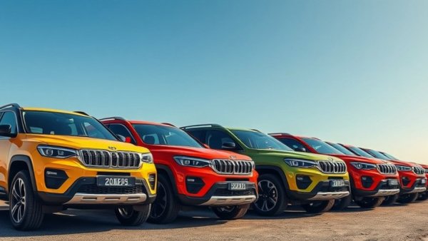 Colorful lineup of the best hybrid SUVs for 2026 against clear sky.