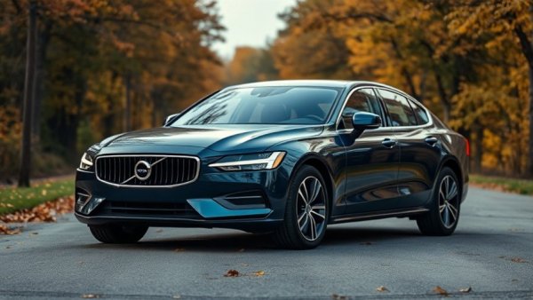 Dark blue Volvo S60 sedan highlighting top issues on autumn road.