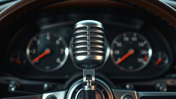 Microphone and vintage car dashboard, marketing auto repair shop.
