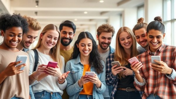 Group of young adults engaging with smartphones, modern setting.