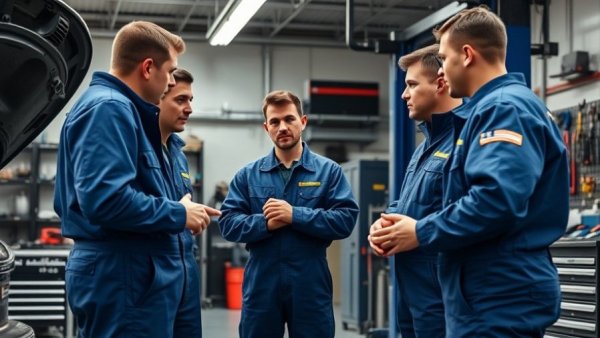 Empathetic leadership in the auto repair industry, mechanics discussing work in garage.